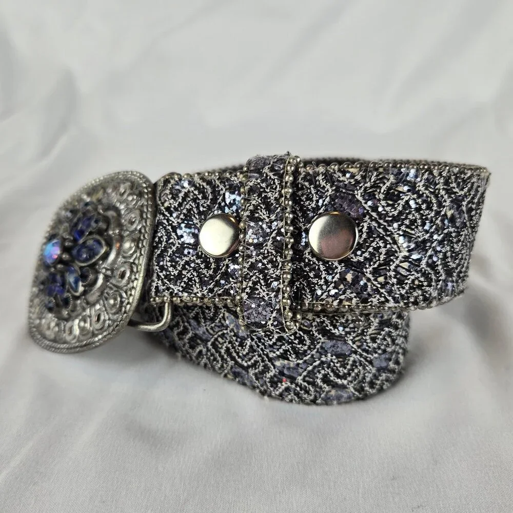 Blue Silver Glitter Accented Belt Metal Buckle with Blue Crystal & Stone Accents